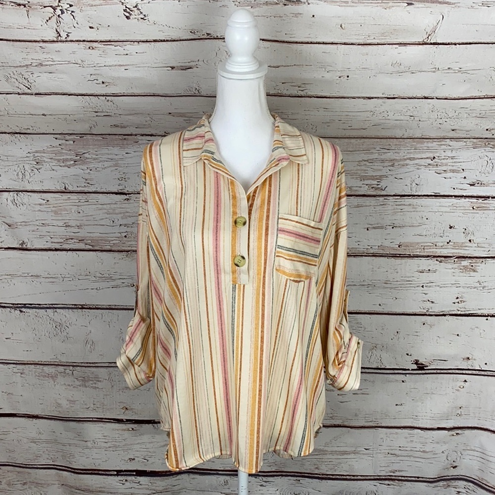 Eden & Olivia stripe half button up top L